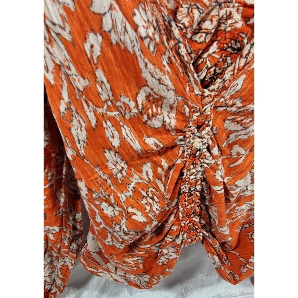 Free People Say The Word Floral V-Neck Long Sleeve Ruched Top - Orange - Medium - Picture 4 of 5
